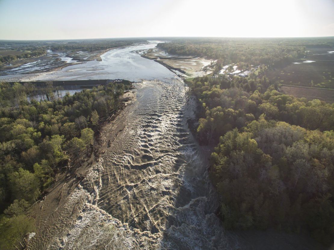 An aerial image taken by a drone shows the Edenville dam breach on Wednesday.