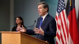 North Carolina Gov. Roy Cooper speaks during a briefing on the coronavirus pandemic at the Emergency Operations Center in Raleigh, N.C., Wednesday, May 20, 2020. (Ethan Hyman/The News & Observer via AP)