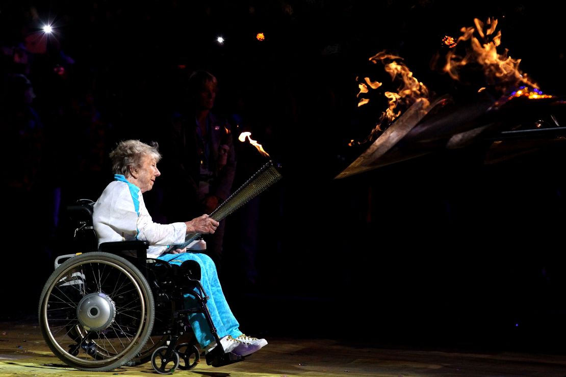 Margaret Maughan lights the Paralympic cauldron ahead of the 2012 Games in London.