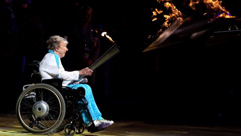 Margaret Maughan lights the Paralympic cauldron ahead of the 2012 Games in London. 