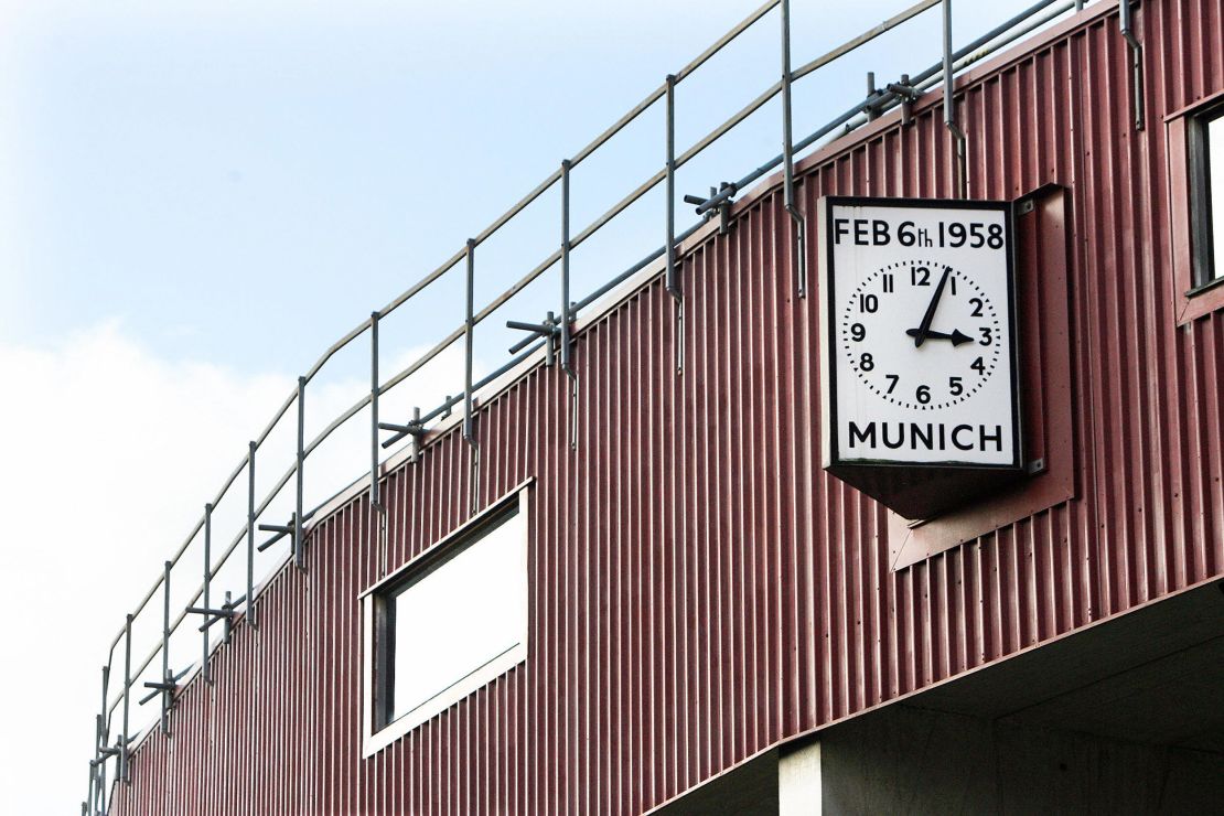The Munich Clock at Old Trafford pays tribute to those who lost their lives in the plane crash.
