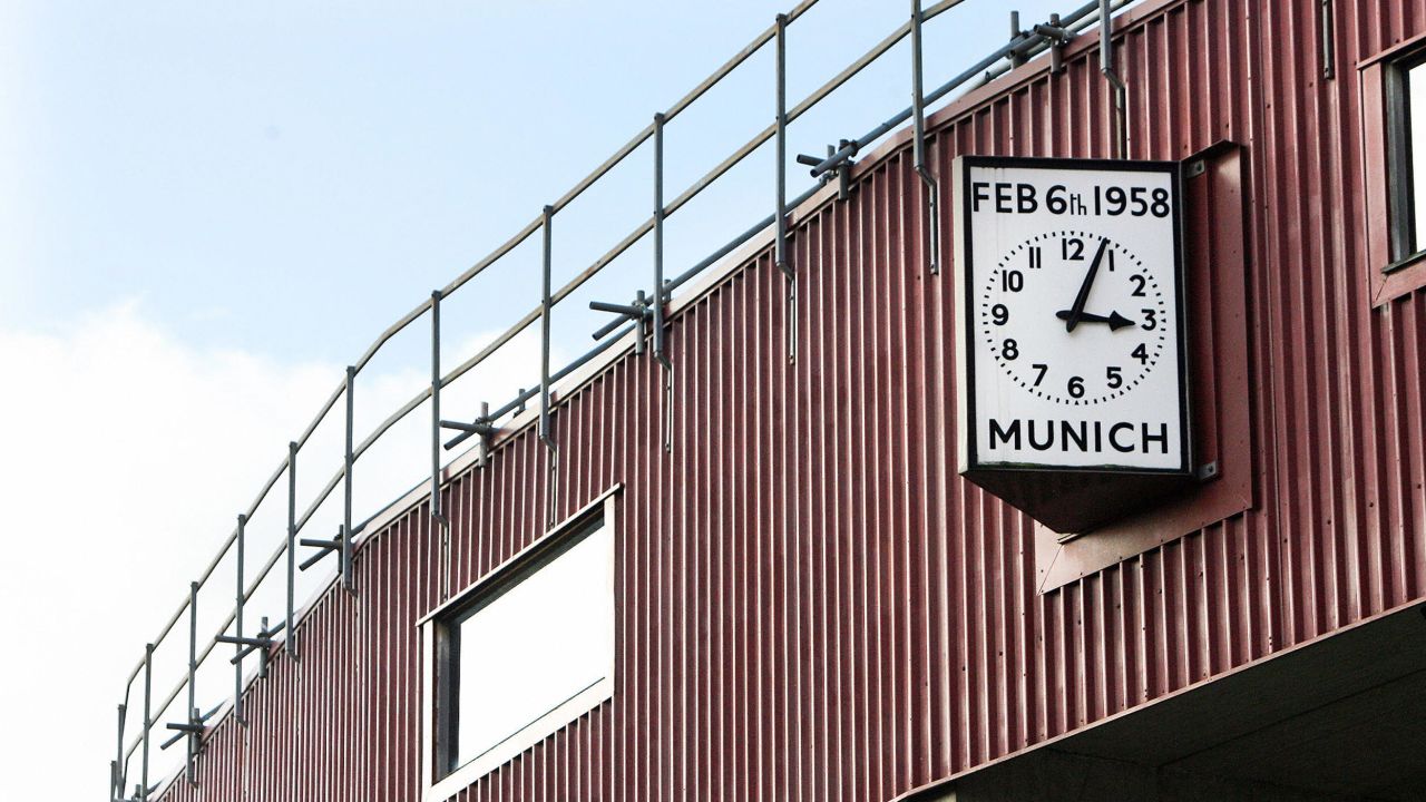 The Munich Clock at Old Trafford pays tribute to those who lost their lives in the plane crash.