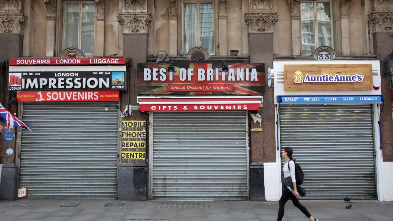 Shutters are down at closed tourist shops in London on May 12.