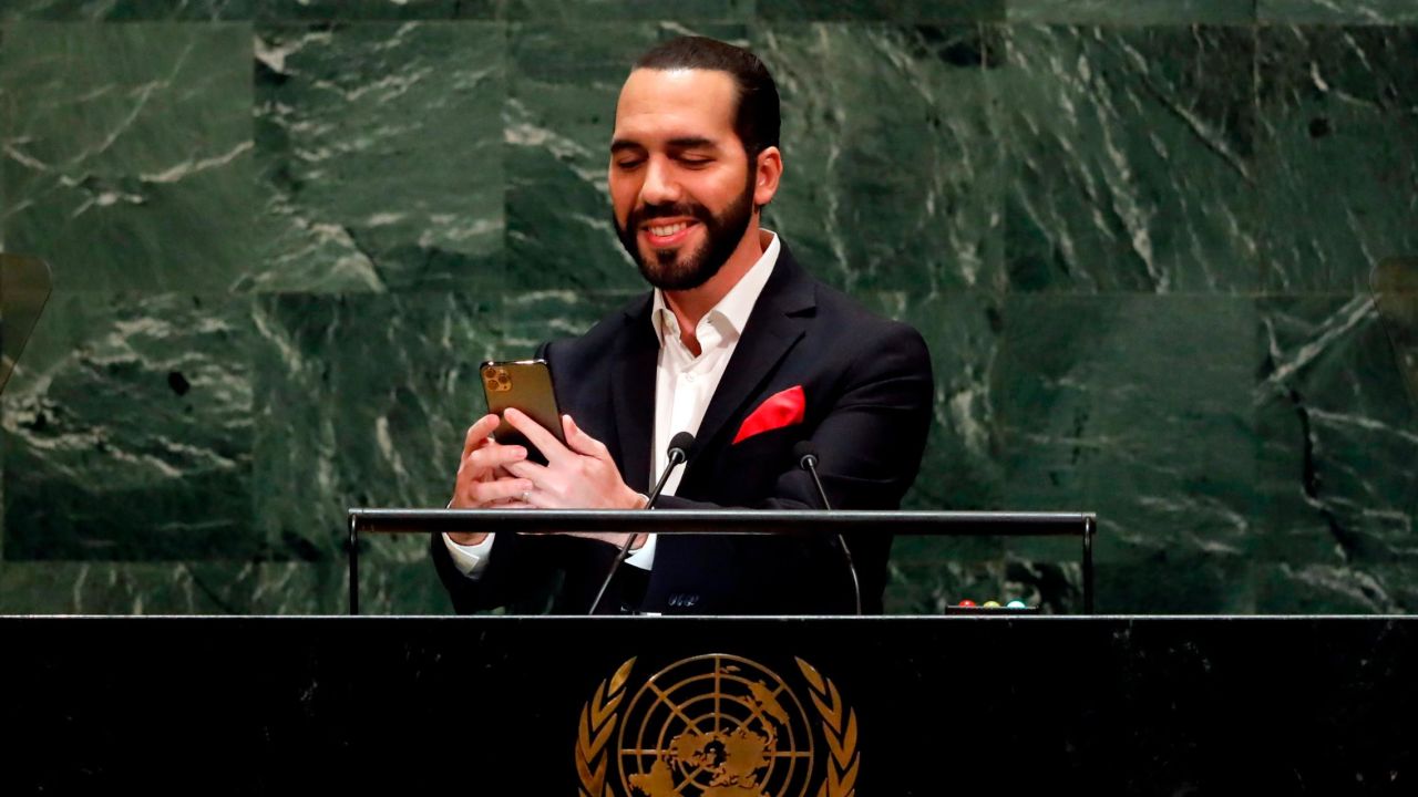 El Salvador's President Nayib Bukele takes a selfie portrait during his addresses to the 74th session of the United Nations General Assembly.