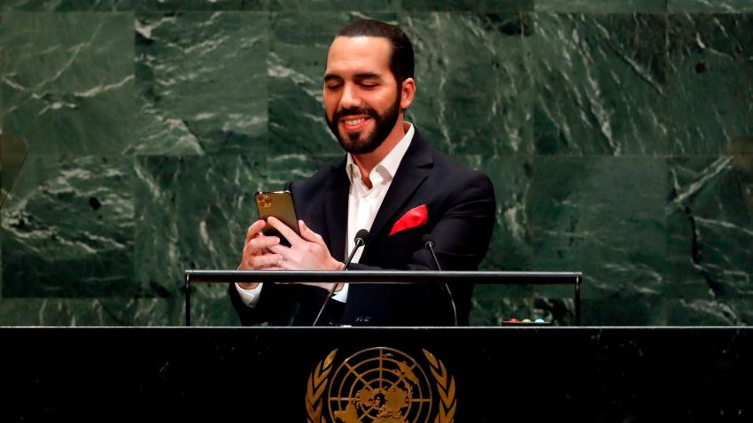El Salvador's President Nayib Bukele takes a selfie portrait during his addresses to the 74th session of the United Nations General Assembly, Thursday, Sept. 26, 2019. (AP Photo/Richard Drew)