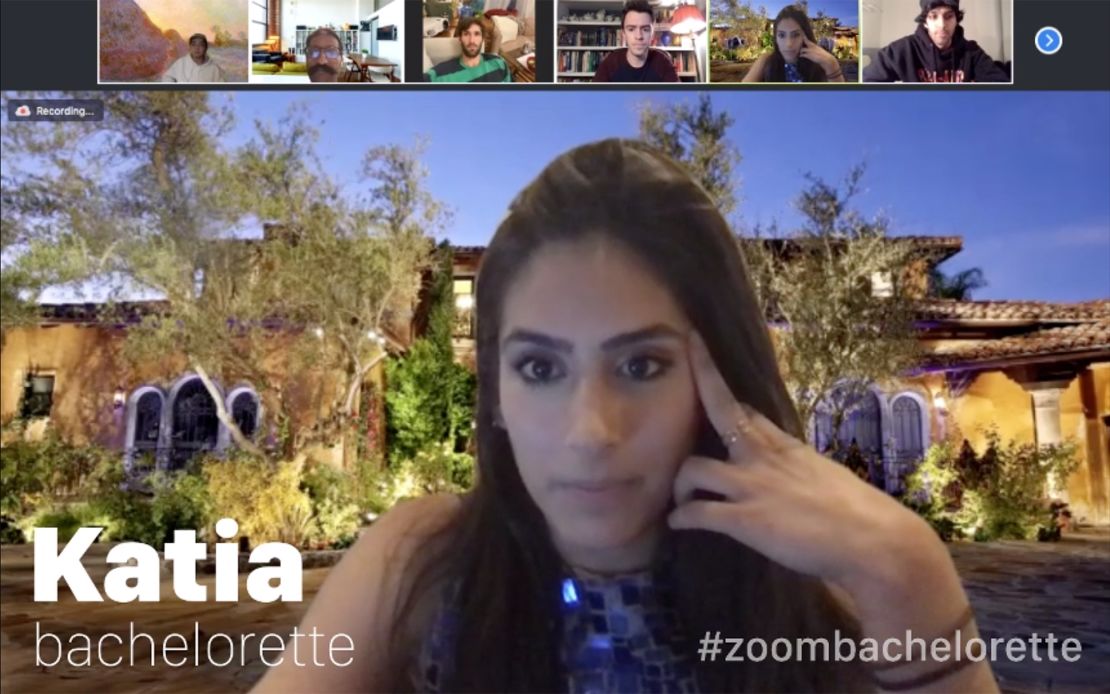 Katia Ameri's Zoom background featured a photo of the iconic Bachelor mansion.