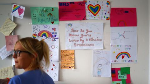 Thank-you notes and rainbow pictures cover the walls at the Royal Blackburn Teaching Hospital in England. 