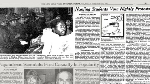 The New York Times reported on nightly protests in Nanjing after Chinese students clashed with Africans.