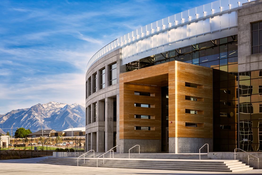 Overstock's headquarters in Salt Lake City, Utah is officially known as the Peace Coliseum. From above, the 231,000 square-foot building is shaped like a peace sign and features a daycare, health clinic and juice bar.