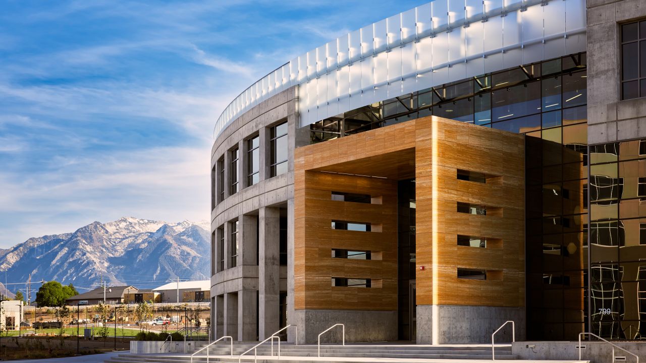 Overstock's headquarters in Salt Lake City, Utah is officially known as the Peace Coliseum. From above, the 231,000 square-foot building is shaped like a peace sign and features a daycare, health clinic and juice bar.