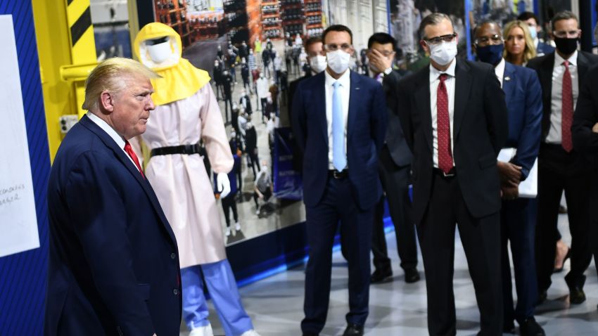 US President Donald Trump speaks during a tour at the Ford Rawsonville Plant that has been converted to making personal protection and medical equipment in Ypsilanti, Michigan on May 21, 2020. (Photo by Brendan Smialowski / AFP) (Photo by BRENDAN SMIALOWSKI/AFP via Getty Images)