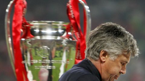Carlo Ancelotti walks by the throphy at the end of the Champions League final between AC Milan and Liverpool in Istanbul.