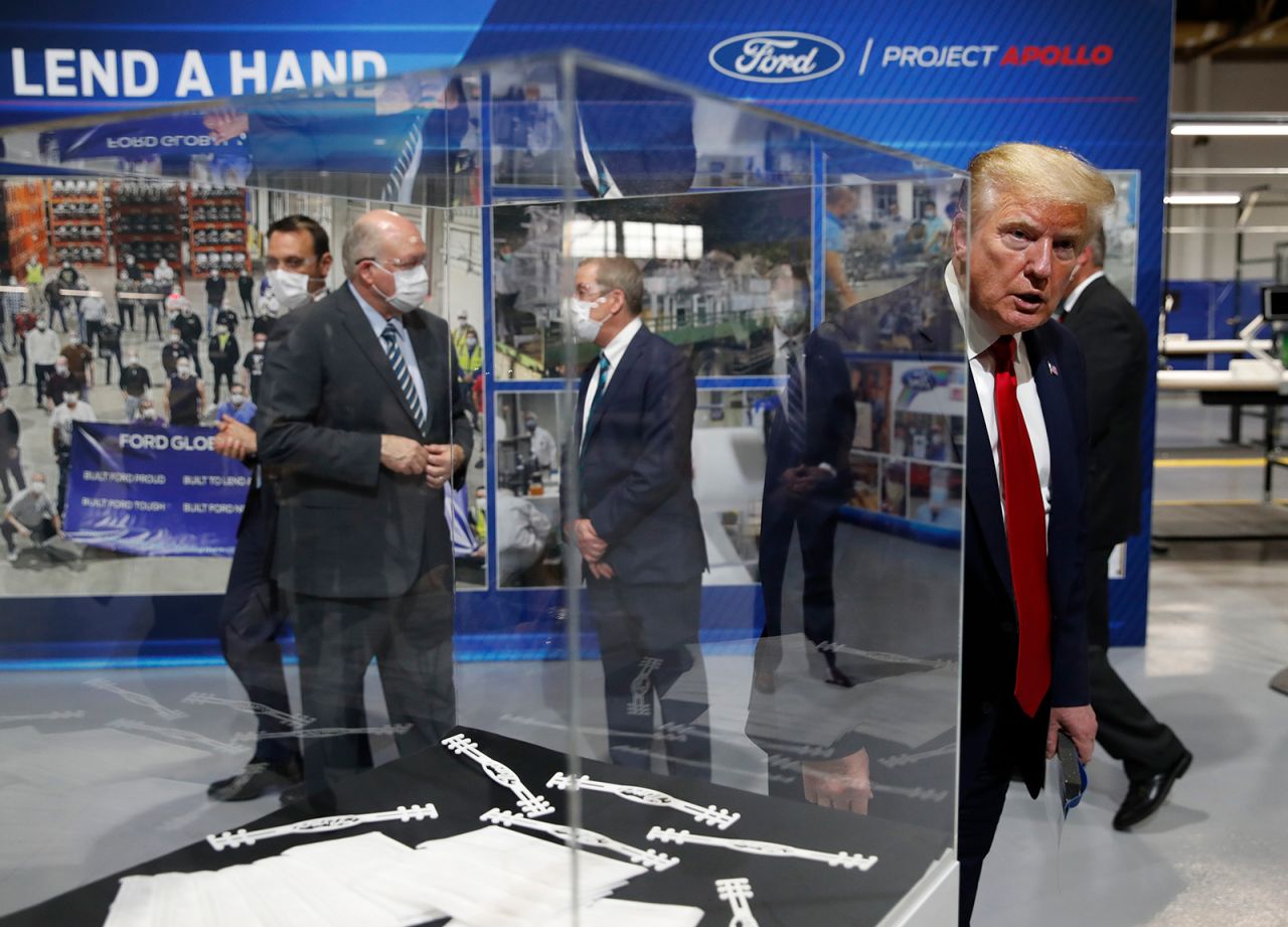 US President Donald Trump tours a Ford plant in Ypsilanti, Michigan, on Thursday, May 21. The plant has been making ventilators and personal protective equipment during the coronavirus pandemic. Trump said he wore a mask during his visit <a href="https://www.cnn.com/2020/05/21/politics/michigan-attorney-general-trump-ford-plant-cnntv/index.html" target="_blank">but out of the sight of cameras.</a> "I didn't want to give the press the pleasure of seeing it," he said. An individual from Ford confirmed to reporters that the President had worn a mask.