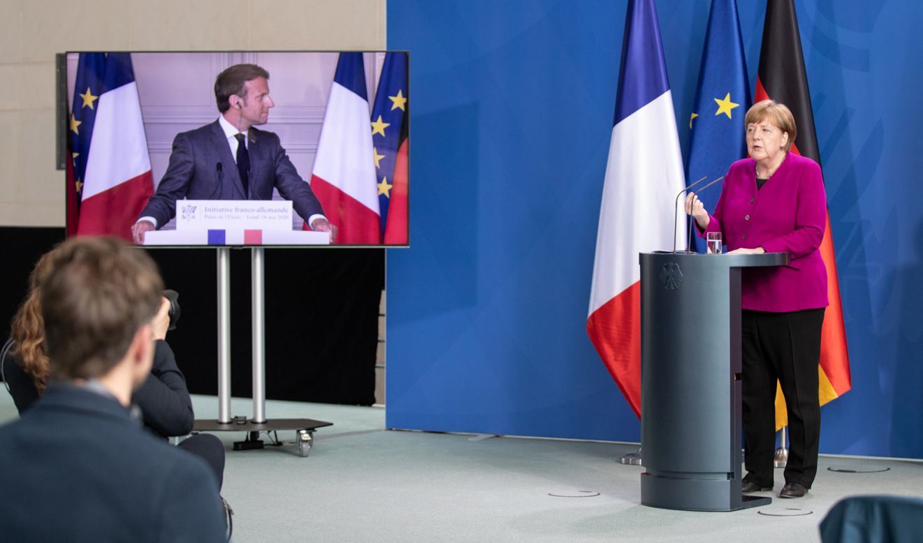 French President Emmanuel Macron is seen on video as he and German Chancellor Angela Merkel speak to the media about the coronavirus crisis on Monday, May 18. <a href="https://www.cnn.com/2020/05/18/economy/europe-economy-merkel-macron/index.html" target="_blank">They proposed the creation of a recovery fund worth €500 billion ($543 billion)</a> that would help European Union countries and industries hit hardest by the coronavirus pandemic.
