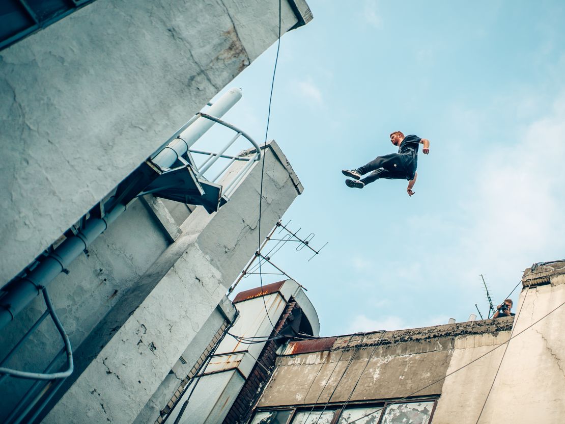 Toby Segar jumps between objects. 