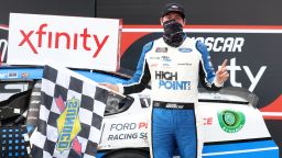 DARLINGTON, SOUTH CAROLINA - MAY 21: Chase Briscoe, driver of the #98 HighPoint.com Ford, celebrates in Victory Lane after wining  the NASCAR Xfinity Series Toyota 200 at Darlington Raceway on May 21, 2020 in Darlington, South Carolina. (Photo by Chris Graythen/Getty Images)