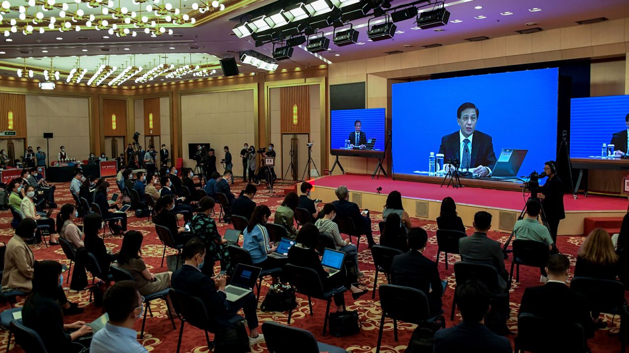 Zhang Yesui, the spokesperson for the third session of the 13th National People's Congress, speaks during a video online press conference in Beijing on May 21, 2020, a day before the opening ceremony of the NPC. - China's parliament said on May 21 it will discuss a proposal for a national security law in Hong Kong at its annual session, in a move likely to stoke unrest in the financial hub. (Photo by LEO RAMIREZ / AFP) (Photo by LEO RAMIREZ/AFP via Getty Images)