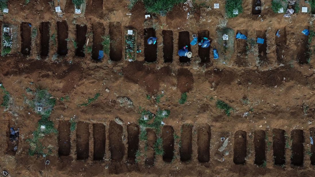 This aerial photo shows gravediggers working at the Vila Formosa Cemetery, on the outskirts of Sao Paulo, Brazil, on May 22, 2020. The coronavirus <a href="index.php?page=&url=https%3A%2F%2Fwww.cnn.com%2F2020%2F05%2F20%2Famericas%2Fbrazil-coronavirus-deaths-intl%2Findex.html" target="_blank">was surging in Brazil,</a> the hardest-hit country in Latin America.