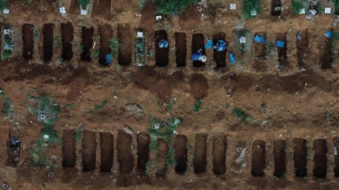 This aerial photo shows gravediggers working at the Vila Formosa Cemetery, on the outskirts of Sao Paulo, Brazil, on May 22, 2020. The coronavirus <a href="https://www.cnn.com/2020/05/20/americas/brazil-coronavirus-deaths-intl/index.html" target="_blank">was surging in Brazil,</a> the hardest-hit country in Latin America.