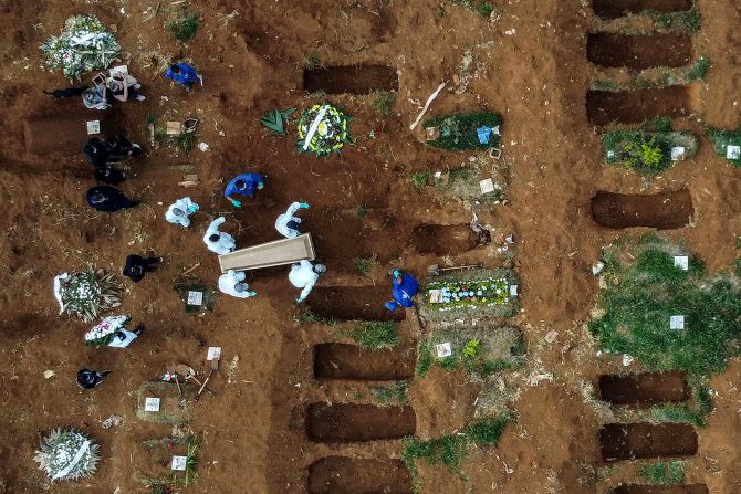 This aerial photo shows an alleged coronavirus victim being buried at the Vila Formosa Cemetery, on the outskirts of Sao Paulo on May 22.