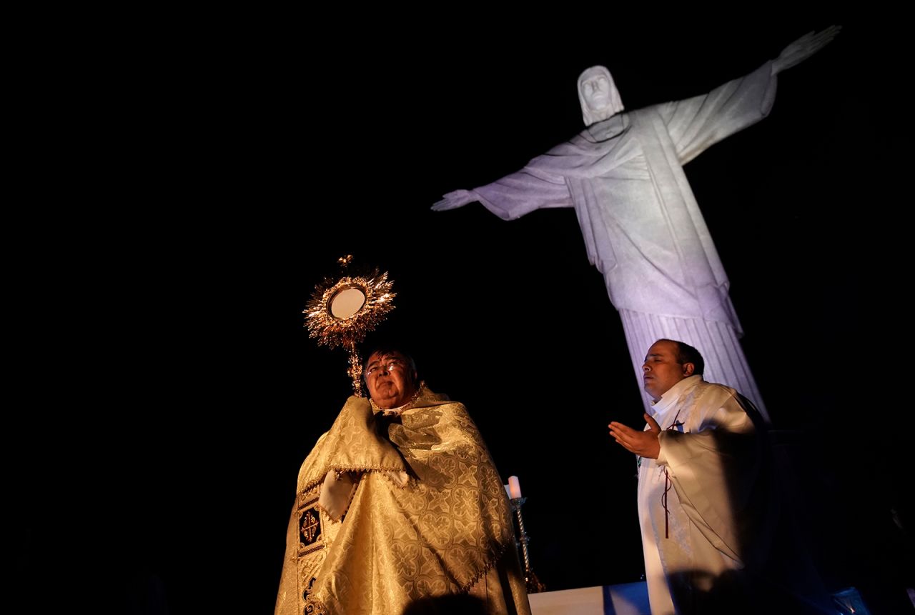 Orani Tempesta, the archbishop of Rio de Janeiro, celebrates Easter Mass at the Christ the Redeemer statue.
