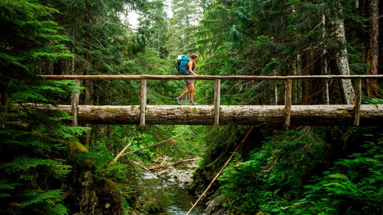 A female backpacking along a trail in the Olympic National Park.