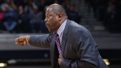 INDIANAPOLIS, IN - FEBRUARY 15: Head coach Patrick Ewing of the Georgetown Hoyas reacts against the Butler Bulldogs in the first half of a game at Hinkle Fieldhouse on February 15, 2020 in Indianapolis, Indiana. Georgetown defeated Butler 73-66. (Photo by Joe Robbins/Getty Images)