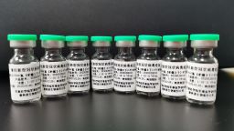 Vials of a possible coronavirus vaccine candidate, also know as "Ad5-nCoV", co-developed by CanSinoBIO and the Beijing Institute of Biotechnology pictured on a table.