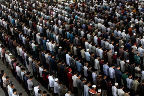 People offer prayers at the Islamic Center Lhokseumawe mosque in Aceh, Indonesia, on May 22. 