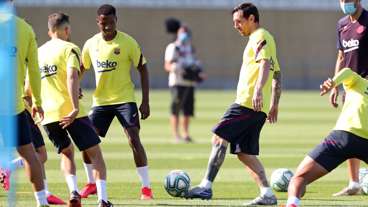 Lionel Messi and his Barceloa teammates take part in a training session at Ciutat Esportiva Joan Gamper earlier this week.