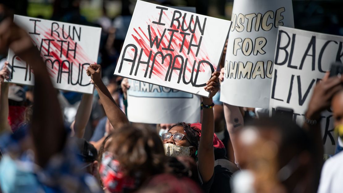 Demonstrators protest the shooting death of Ahmaud Arbery at the Glynn County Courthouse on May 8, 2020 in Brunswick, Georgia.