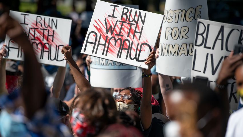 BRUNSWICK, GA - MAY 08: Demonstrators protest the shooting death of Ahmaud Arbery at the Glynn County Courthouse on May 8, 2020 in Brunswick, Georgia. Gregory McMichael and Travis McMichael were arrested the previous night and charged with murder. (Photo by Sean Rayford/Getty Images)