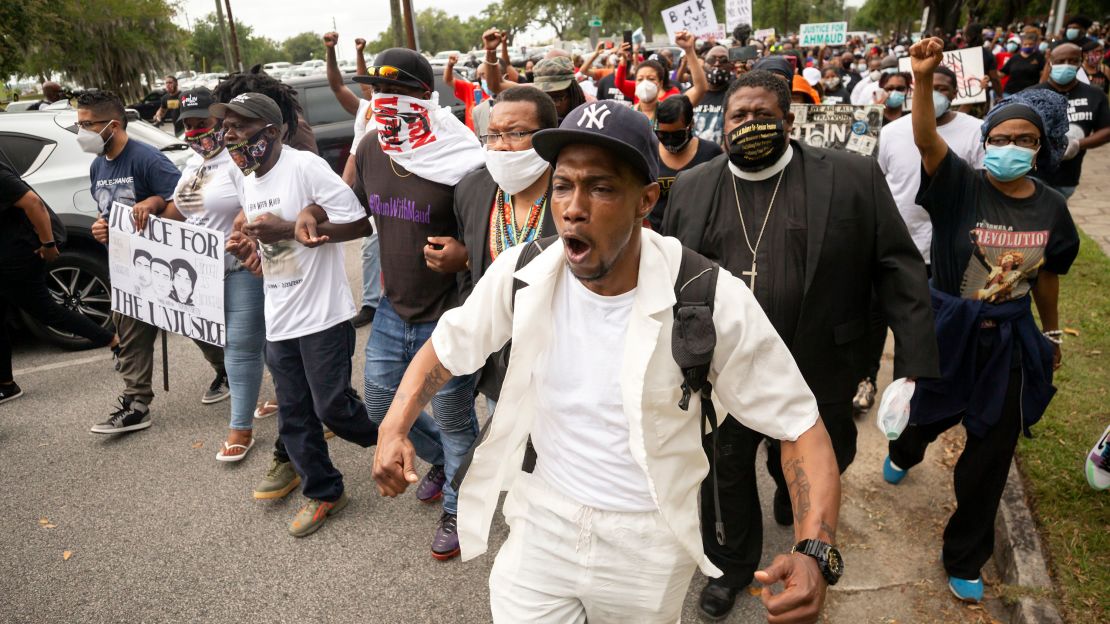 Malik Muhammad marches during an Ahmaud Arbery protest in Brunswick, Georgia, last month.