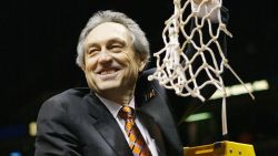EAST RUTHERFORD, NJ - MARCH 27:  Head coach Eddie Sutton of the Oklahoma State Cowboys celebrates by cutting down the net after defeating the St. Joseph's Hawks 64-62 during their fourth round regional game of the NCAA Division I Men's Basketball Tournament at Continental Airlines Arena on March 27, 2004 in East Rutherford, New Jersey.  (Photo by Doug Pensinger/Getty Images)