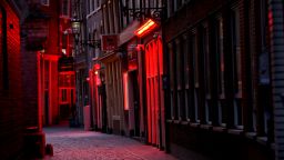 A general view of the 'Windows' in Amsterdam's "Red Light District" on what would usually be a busy Saturday night on April 4.