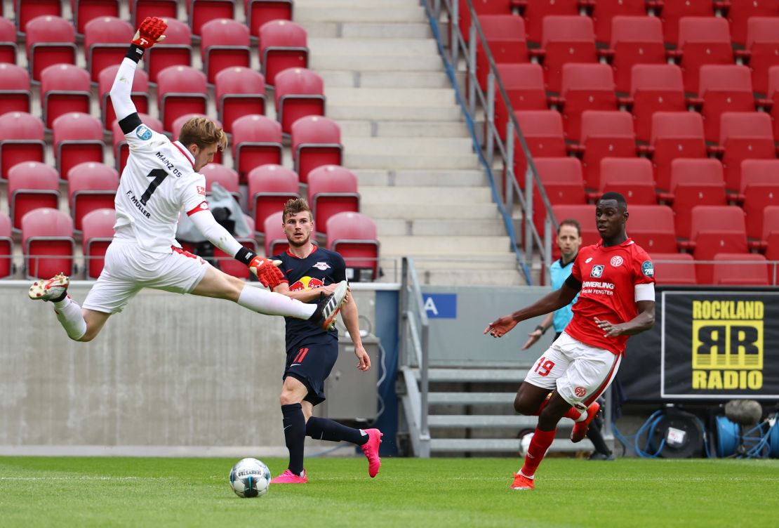 Timo Werner (middle) scored three goals for Leipzig Sunday against Mainz. 