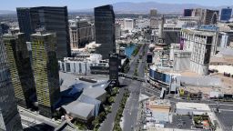 The Strip, stripped:  An aerial view shows hotel, casinos and other venues on the empty Las Vegas Strip