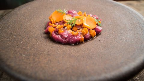Morgan Valley Lamb Tartare, carrot raisins, maple-worcestershire dressing served at Salt Lake City's Table X before the pandemic.