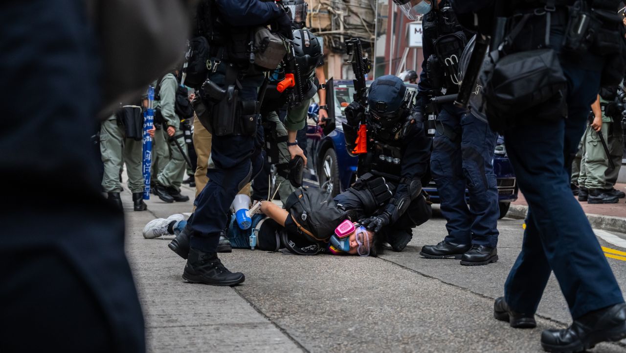 HONG KONG, CHINA - MAY 24: A pro-democracy supporter is detained by riot police during an anti-government rally on May 24, 2020 in Hong Kong, China. (Photo by Billy H.C. Kwok/Getty Images)