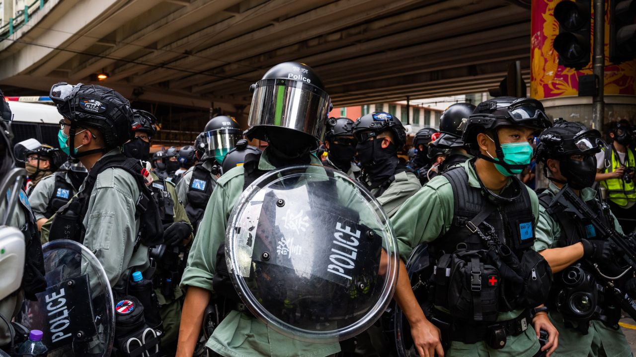Riot police stand guard during an anti-government rally on May 24, 2020 in Hong Kong.