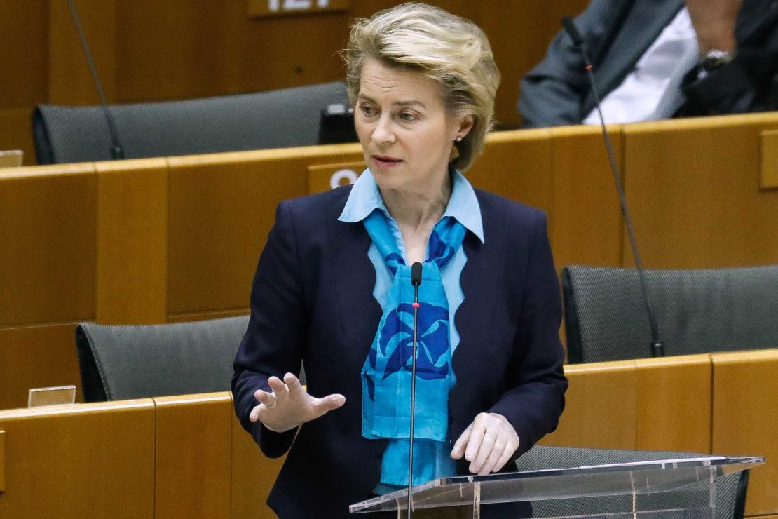 European Commission President Ursula von der Leyen speaks during a plenary session of the European Parliament in Brussels on May 13.