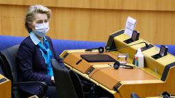 European Commission President Ursula von der Leyen wears a face mask  during a plenary session of the European Parliament in Brussels on May 13,  2020, as Europe begins easing lockdown measures amid the COVID-19 pandemic, caused by the novel coronavirus. - Due to the outbreak of the novel coronavirus, attendance to the plenary session is reduced and mainly video conferenced. (Photo by Aris Oikonomou / AFP) (Photo by ARIS OIKONOMOU/AFP via Getty Images)