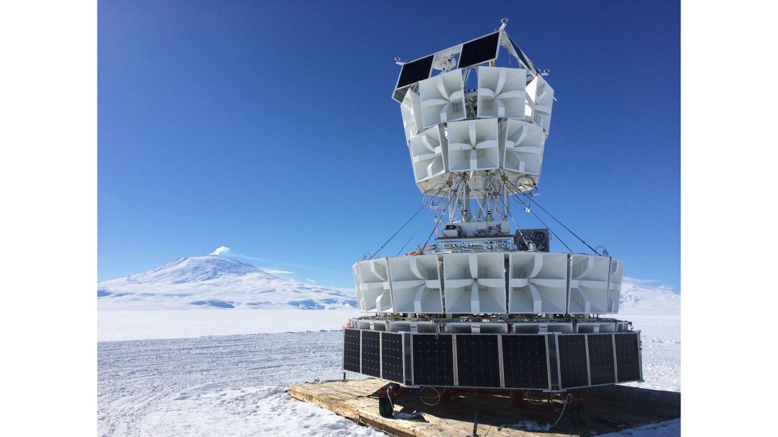 ANITA's 48 antennas are aimed down at the Antarctic ice on a 25-foot-tall gondola. 