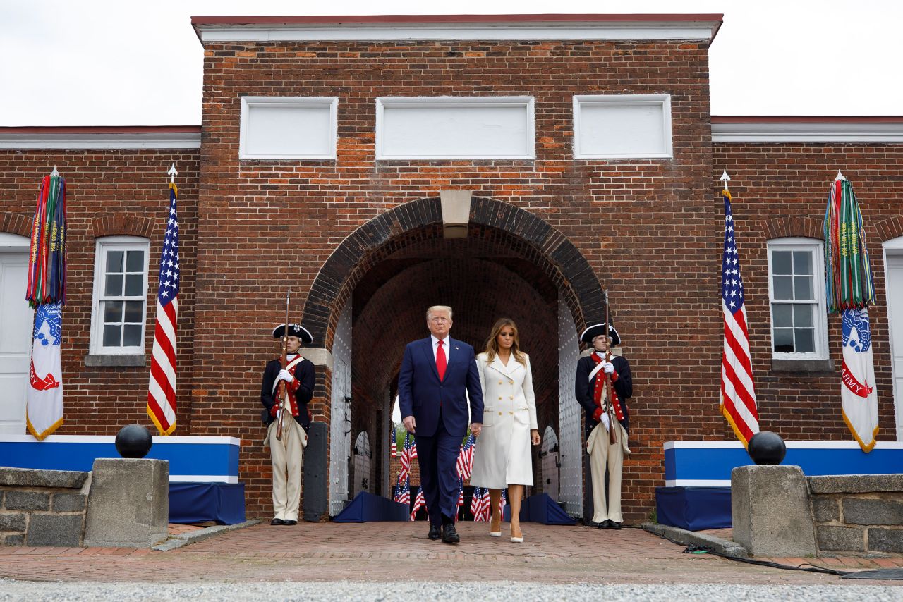President Donald Trump and first lady Melania Trump participate in a Memorial Day ceremony at Fort McHenry in Baltimore on Monday.