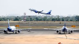 An Indigo flight directed to Varanasi takes off at the Kamaraj domestic airport during the first day of resuming of domestic flights after the government imposed a nationwide lockdown as a preventive measure against the spread of the COVID-19 coronavirus, in Chennai on May 25, 2020. - Confusion and concern reigned at Indian airports on May 25 as domestic flights tentatively resumed after two months, even as coronavirus cases continued to surge at record rates. (Photo by Arun SANKAR / AFP) (Photo by ARUN SANKAR/AFP via Getty Images)