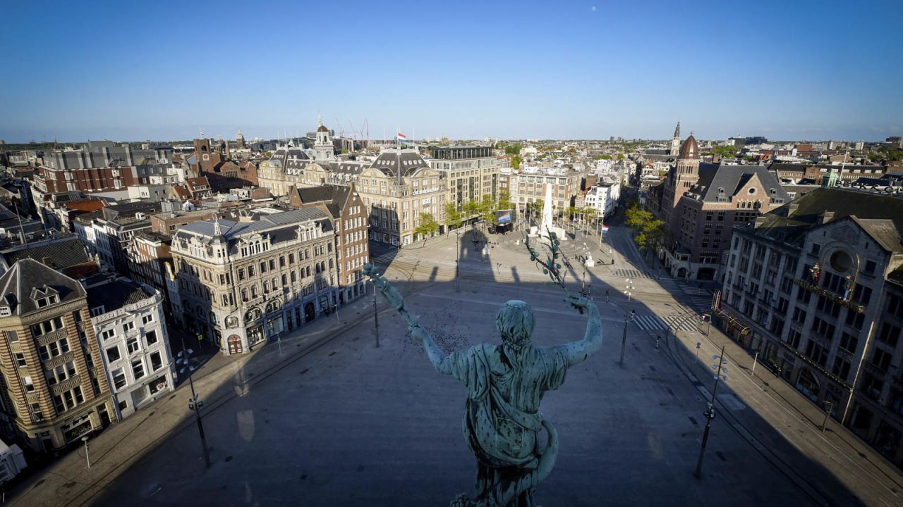 Dam Square on May 4, prior to National Remembrance Day ceremony that would normally gather crowds in the center of Amsterdam. 