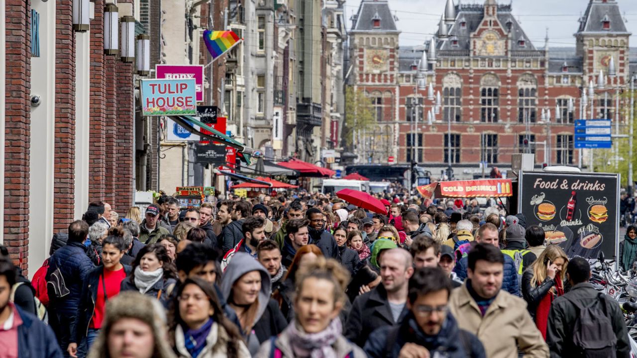 This photo from April 2017 shows a typical crowded city center street in Amsterdam.