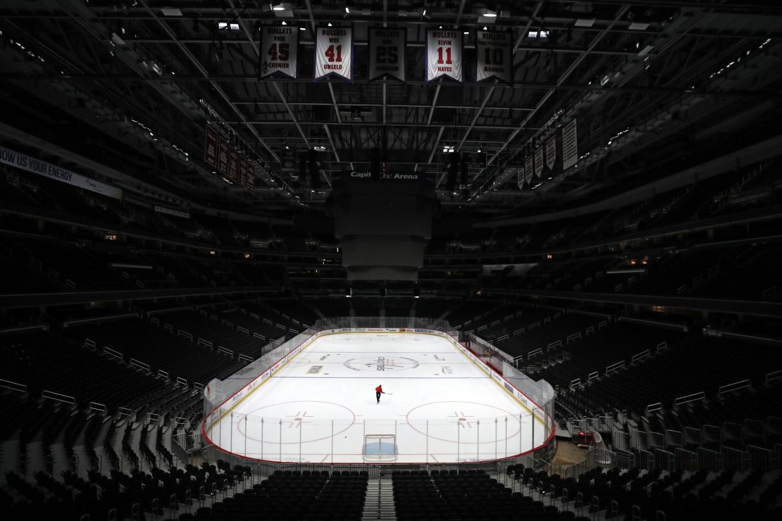 Sam Hess, Operations with Monumental Sports & Entertainment, skates alone prior Detroit Red Wings playing against the Washington Capitals at Capital One Arena on March 12 in Washington.