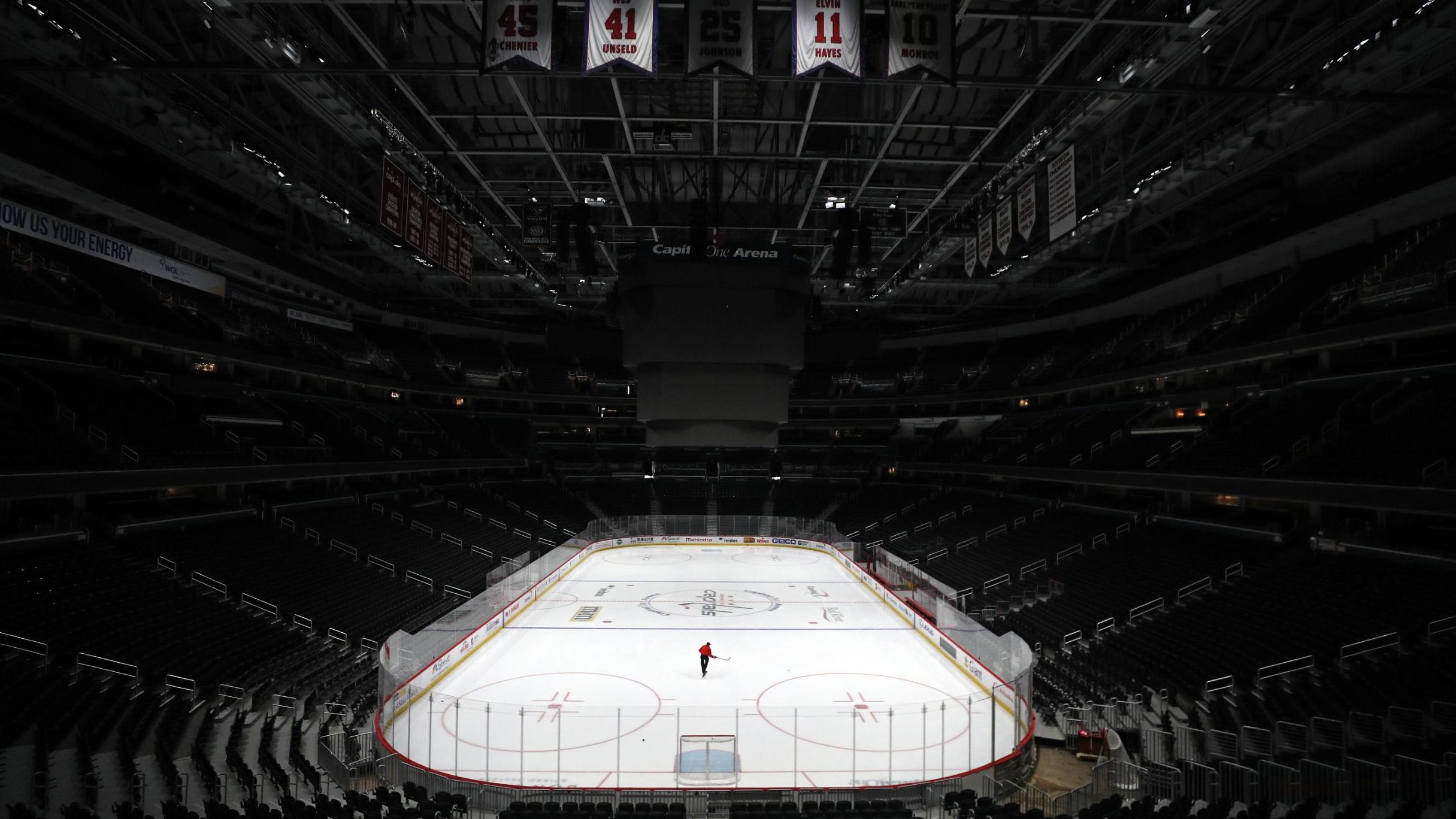 Sam Hess, Operations with Monumental Sports & Entertainment, skates alone prior Detroit Red Wings playing against the Washington Capitals at Capital One Arena on March 12 in Washington.