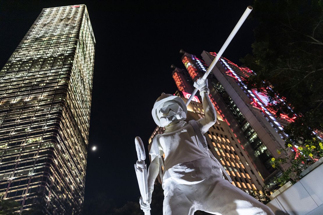 The "Lady Liberty Hong Kong" statue stands in the city's Central District, during a rally in September 2019. Its creators wanted her to become a symbol and raise awareness for the movement's aims. 